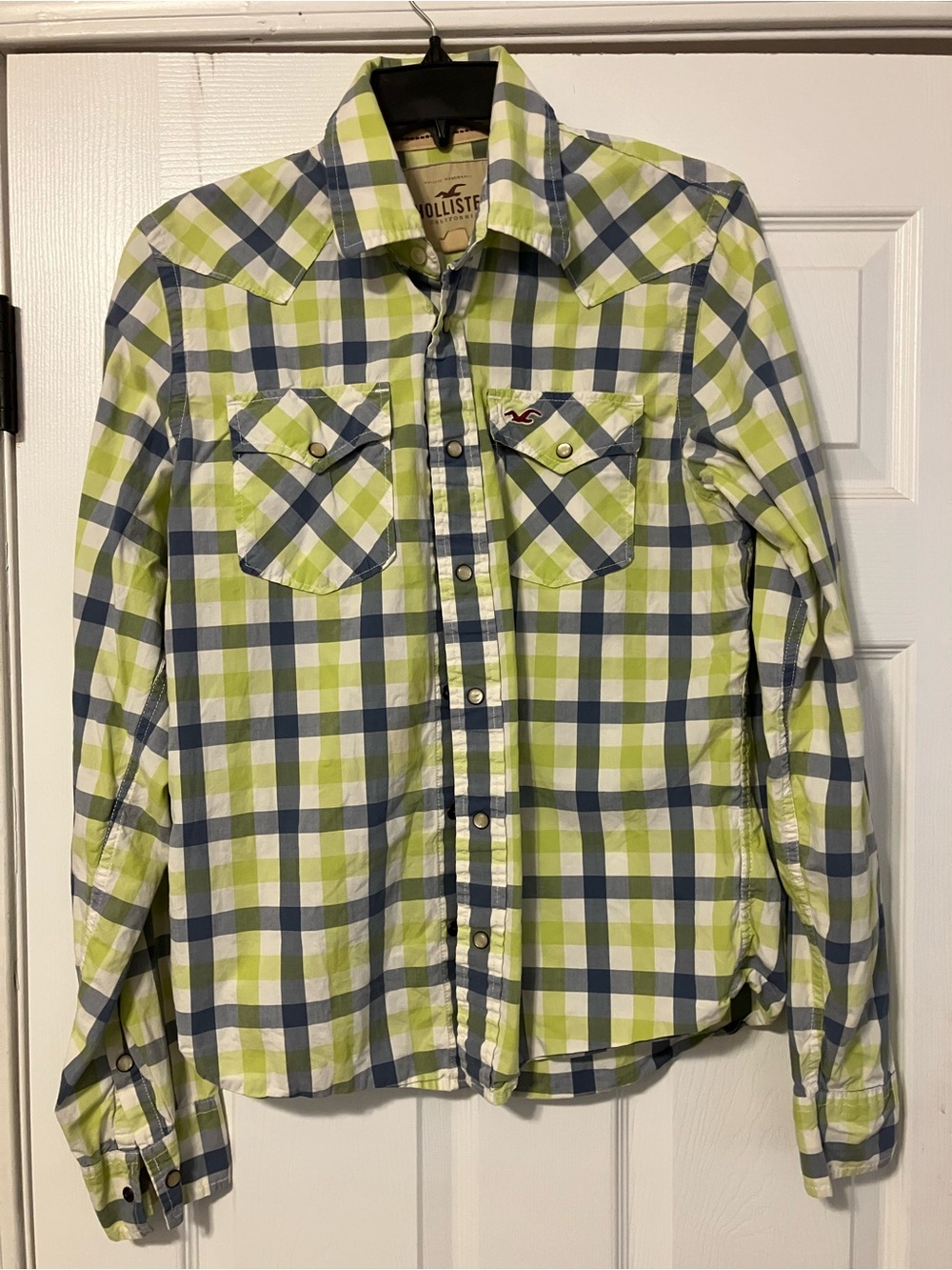 Holister Button Up Plaid Shirt Long Sleeve Green Blue White Size Medium